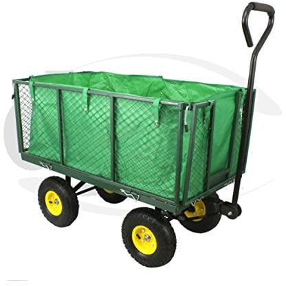 Steel Pull Along Garden Trolley Cart on Wagon Wheels - Heavy Duty Wheelbarrow - Multipurpose - Easy Steering - 300Kg Load - Pneumatic Tyres
