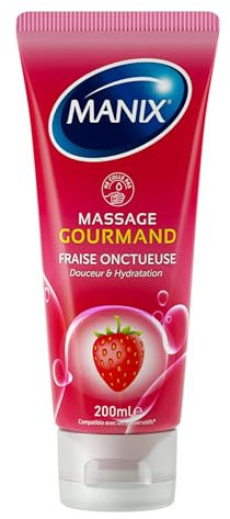 MANIX Gel de Massage Gourmand (200mL) : Gel de massage aromatisé à la Fraise - Compatible avec les préservatifs