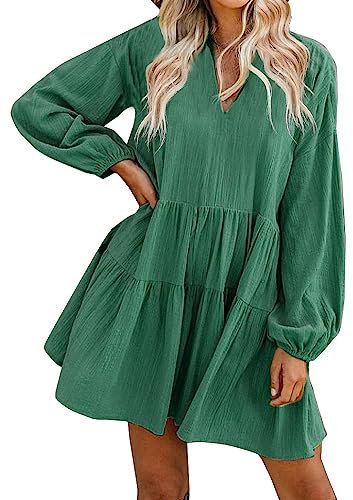 FANCYINN Sommerkleid Damen Kurz Tunika Kleid V-Ausschnitt Volant Lockeres Swing Mini Kleider Dunkelgrün-Langarm S