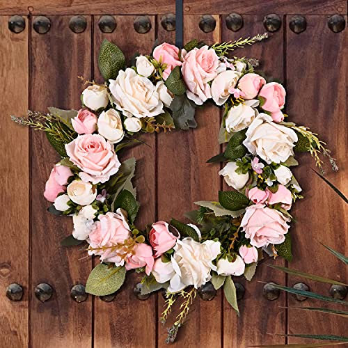 LIVILAN Künstliche Rosen, Blumenkranz, 33 cm, Blumengirlande, Türkranz, Vintage-Stil, künstliche Blumen mit grünen Blättern für Hochzeit, Party, Heimdekoration, Sturz-Dekoration, Hellrosa