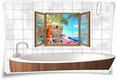 Medianlux Fliesen-Aufkleber Fliesen-Bild Fenster Korb Taucher-Brille Seestern Strand Palmen Bad WC Aufkleber Folie Deko Digitaldruck, 150x97cm, 20x20cm (BxH) wb22fb178-111757