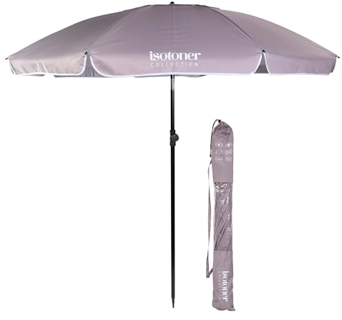 Isotoner Ombrellone da spiaggia ultra resistente, struttura anti vento, leggero e anti uv upf50+, grigio/bianco, ST