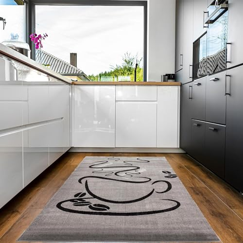 VIMODA Küchenteppich Grau Trendiger Kaffee Teppich, Cappuccino Muster Küchenläufer Kurzflor, Maße:160x220 cm