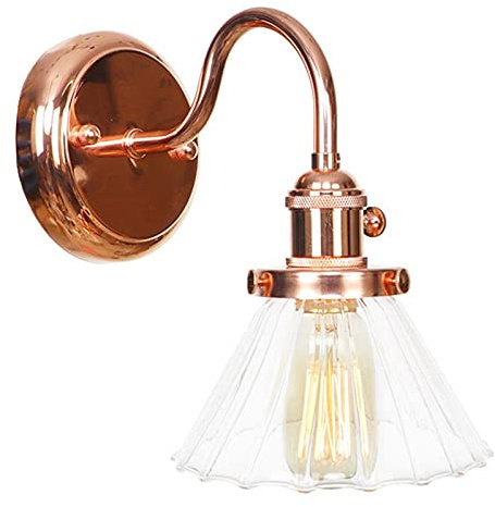 Lampes murales avec interrupteur, abat-jour en verre clair antique appliques murales en métal éclairage de lecture, appliques murales industrielles vintage pour salle de bain chambre,Rose gold