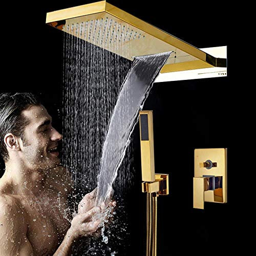 Wieoc Luxus Golden In Wand Duscharmaturen Set Regen Wasserfall Duschkopf 3 Wege Mischbatterie ABS Handbrause Badewanne Dusche