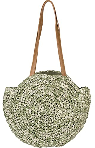 styleBREAKER Bolso de mimbre para damas moteado, bolso de playa redondo con asas largas, bolso de mimbre, shopper 02012384, color:Verde oliva-Beige