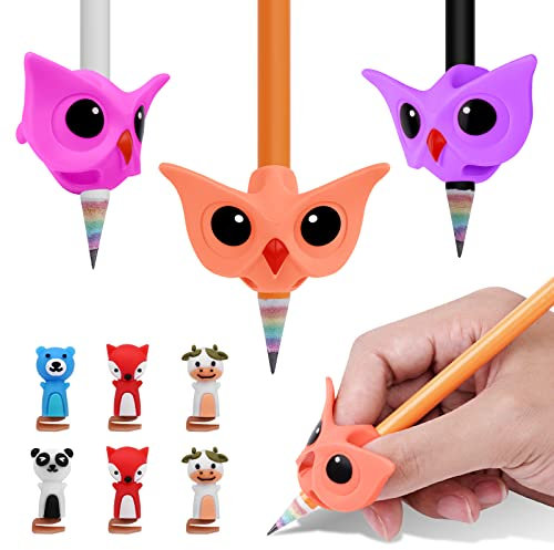 Vicloon Impugnature Matite Bambini, 3Pcs Scrittura Impugnatura in Silicone, Scrittura Strumento Correzione Matita Grip per Studenti, Impugnature per Matite con 6Pcs appucci per penne per Cartoni