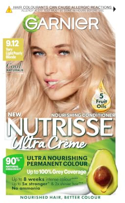 Garnier Nutrisse Ultra Crème Hair Dye, 9.12 Very Light Pearly Blonde | Up to 100% Grey Coverage, Rich Long-Lasting 8-Week Colour, 5x Stonger Hair, 2x Shiner Hair, No-Ammonia, Vegan Formula