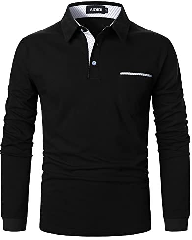 AIOIDI Polo Shirts for Men Adults Long Sleeves Casual Golf Shirt with Real Pocket,Black 2,L