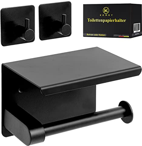 Komey Toilettenpapierhalterung - Schicker Klopapierhalter ohne Bohren - Moderner Klorollenhalter - Praktischer Toilettenpapierhalter mit Ablage - Edler WC Rollenhalter in Schwarz aus Edelstahl