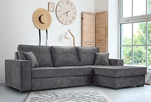 Ecksofa mit Schlaffunktion 90x265x165 cm - Lana - Elegante Schlafcouch mit Bettkassen - Große Couch L Form für Wohnzimmer - Komfortables Schlafsofa - Eckcouch 4 Sitzer Grau Rechte Seite