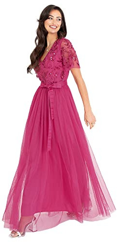 Maya Deluxe Womens Maxi Dress Ladies Ball Gown for Wedding Guest Embellished Tie Waist V Neck Bridesmaid Prom Evening Occasion Vestito, Fuchsia, 48 Donna