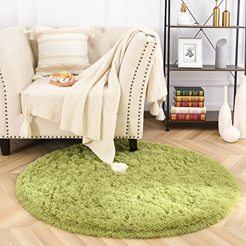 MARATIP Plüsch Teppich Rund, Flauschiger und Weicher für Wohnzimmer, Schlafzimmer, Kinderzimmer - Modernes Design für Kinder und Mädchen (Grün, Ø 120 cm)