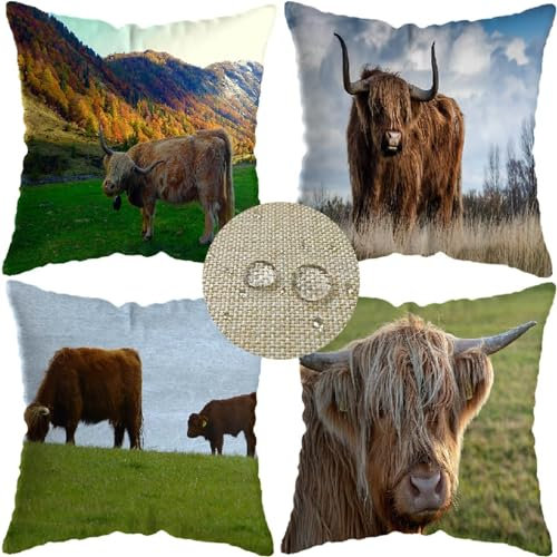 Tier Kissenbezug 60x60cm 4er Set Sofakissen Dekokissen Leinen Yak Oxen HD Druck Wasserdichter Outdoor Kissen Kissenbezüge Boho Deko Kissenbezüge für Wohnzimmer Schlafzimmer Kissenhülle W-4976