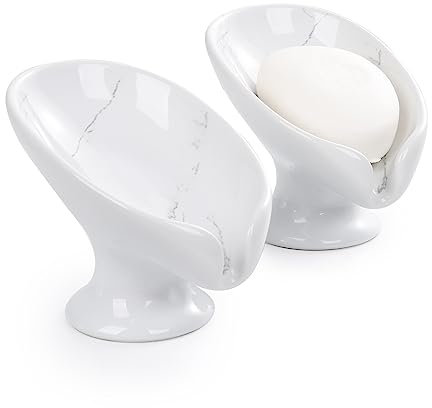 Lot de 2 porte-savons auto-drainants pour évier de salle de bain, porte-savon en forme de feuille, en céramique, marbre, porcelaine, sans ventouse, ANTIS'S HOME