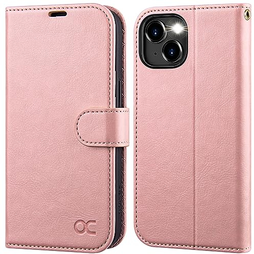 OCASE iPhone 15 Hülle Handyhülle [Premium PU Leder] [Kartenfach] [Standfunktion] RFID Schutzhülle Klapphülle Handytasche Lederhülle Kompatibel für iPhone 15 Pink