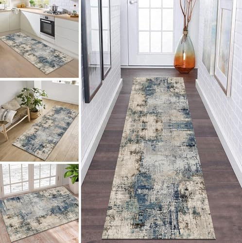 ZDYHMrj Läufer Teppich Flur Küche Waschbar rutschfest 80 * 120cm, Abstraktes Geometrisches Muster Grau und Blau Lang Teppichmatte Dauerhaft Fur Korridor Wohnzimmer Schlafzimmer Meterware Anpassbar