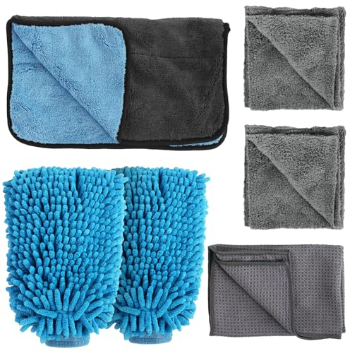 Car Cleaning Kit, Car Washing Kit with Cleaning Products, Car Wash Mitts, Absorbent Drying Towel, Microfiber Cloths & Waffle Glass Cloth, Car Cleaning Products for Interior & Exterior, 6 Pack, Blue