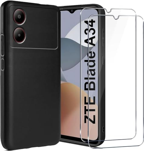 LYJERRY Custodia Per ZTE Blade A34 + 2Pcs Pellicola Vetro Temperato Per ZTE Blade A34 Protettiva Leggero Protector TPU Cover Silicone di gomma Phone Case 9H Vetro Protettiva,Nero