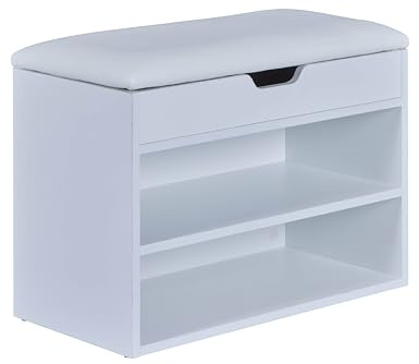 Inter Link - Schuhbank mit Stauraum - 2 Regale - Stauraum unter Sitzfläche - Schuhregal mit klappdeckel - Komfortable und gepolsterte Sitzfläche - MDF - Weiß - Scilla
