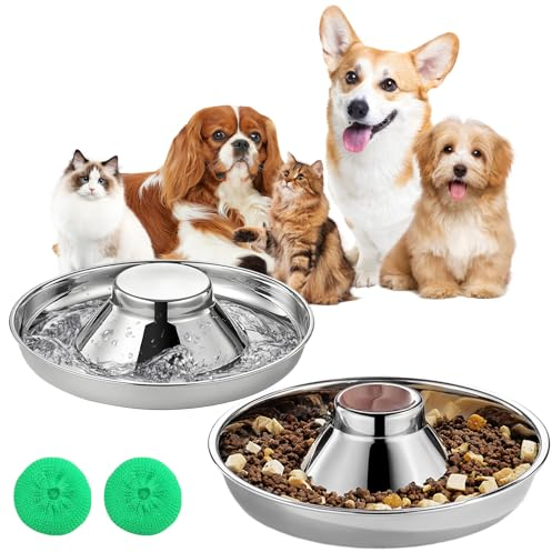 2 Pack Stainless Steel Bowls for Dogs and Cat, 26CM Pet Slow Feeder Food Bowls, Non-Skid Cat Bowls for Food Water for Small Medium Large Dogs, Cat, Pets (Silver)
