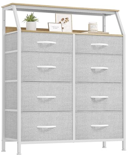 YITAHOME Kommode, Schrank, Aufbewahrungsschrank, 8 Schubladen aus Stoff mit Griffen, Aufbewahrungskommode, Hellgrau