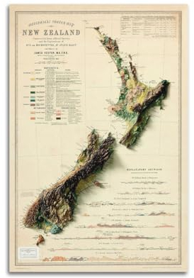 GELS Retro 2D Karte Poster Neuseeland Landkarte Dekorative Malerei Leinwand Kunst Bild 50 x 75 cm
