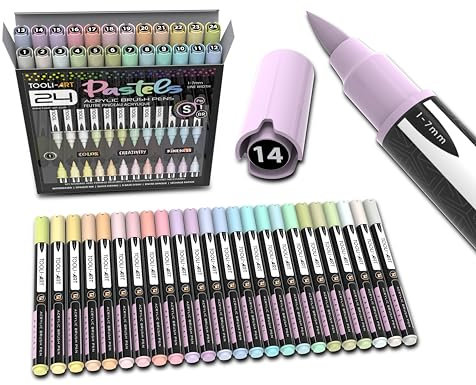 Lot de 24 marqueurs de peinture acrylique à pointe pinceau flexible de 1 à 7 mm pour peinture sur roche, lettrage au pinceau, verre, tasses, bois, métal, toile, tissu, plastique, non toxique à base