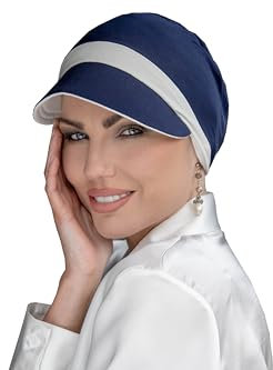 MASUMI Chemo Organic Headwear - KATIA Baseball Summer Cap | Krebs-Kopfbedeckung für Frauen mit Haarausfall | Alopezie Hüte & Bezüge | wendbarer Sonnenhut | 95% Bambus, Marineblau / Weiß, Einheitsgröße