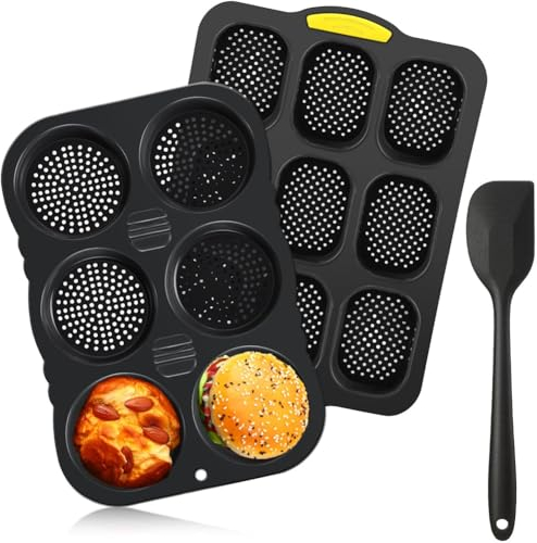 Haztholf Set di stampi per pane francese e pane per hamburger in silicone con spatola antiaderente, piastra di cottura di 9 tazze, stampo per pane di hamburger da 6 tazze