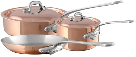 Mauviel M'Heritage 150 S 1.5mm Polished Copper & Stainless Steel 5-Piece Cookware Set With Cast Stainless Steel Handles And Curved Lid, Made In France