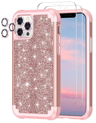 Petocase for iPhone 12 Pro Case Shockproof Three Layer Heavy Duty Rugged Hybrid Full Body Drop Protective Cute Glitter Sparkly Cover Women Girls Case for Apple iPhone 12 Pro 2020,Shiny Rose Gold