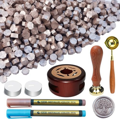 Tomgenrine Champagne Gold Wax Seal Kit - 500 Wax Beads with Stamp & Melting Spoon.