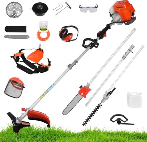 Petrol Strimmer 52cc 2 Stroke 5 in 1 Garden Multi Tools Garden Strimmer, Hedge Trimmer, Garden Strimmer, Brush Cutter with 3T-Blade, Extension Chainsaw, 2.3KW Pole Saw