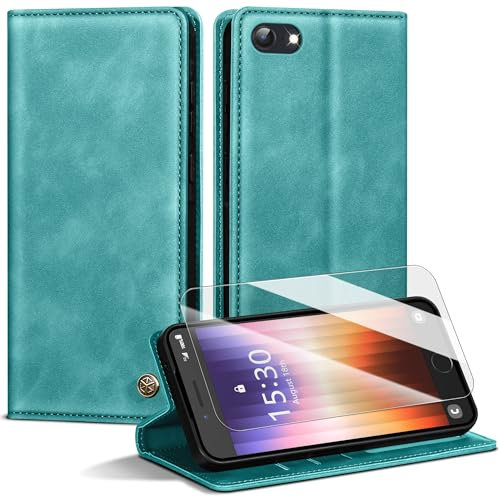 Handyhülle für iPhone SE 3/2(2022/2020) Hülle,Premium Lederhülle für iPhone 8/7 [Mit 1 Stück Panzer Schutz Glas] Magnet Kartenfach Klapphülle Schutzhülle für iPhone SE 2020/iPhone 8/7,Grün