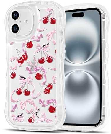 Phoona Bow Cherry Case for iPhone 16 6,1, Cute Curly Wave Girly Preppy Aesthetic Design Wavy Pattern, Clear Phone Case Anti-Yellowing Shockproof Protective Cover for Girls Women, Pink02