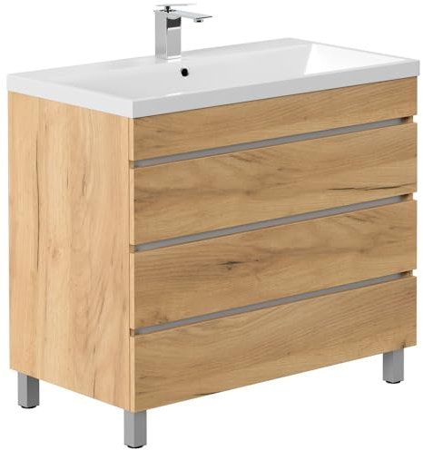 Lomadox Waschtisch 90 cm Eiche stehend mit 3 Schubladen
