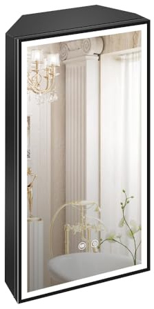 Janboe 35×70cm Badezimmer-Eckspiegelschrank,Eck-Spiegelschrank mit Beleuchtung,DREI Farbtemperaturen,Die Helligkeit ist einstellbar,Rasiersteckdose mit USB-Anschluss