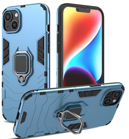 Case for iPhone 14 Plus, Shockproof Cover with 360° Metal Ring Stand, Anti-Scratch Hard Protective Case, Full Body Bumper Case with Camera Protection (Blue)