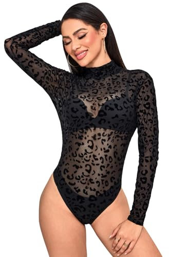 BALAYSIER Sheer Bodysuit for Women Long Sleeve Mesh Bodysuits High Elasticity Turtleneck Mesh Body Suit for Parties and Raves(Black leopard,L)