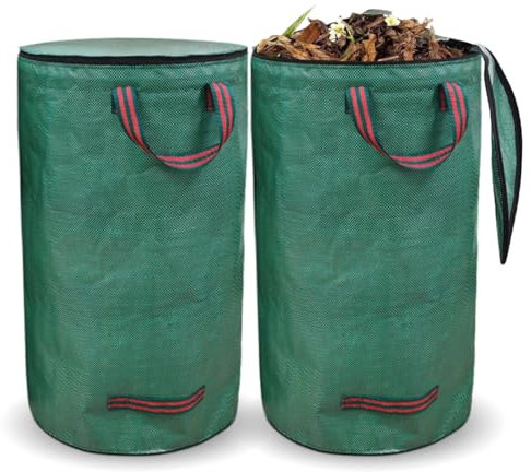 Saco de basura de jardín de 120 x 2, saco de jardín con tapa, bolsas de jardín, residuos verdes, impermeable, plegable, reutilizable, robusto, bolsa de hierba con asas, recipiente para residuos de