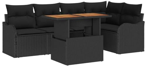 vidaXL 6-teiliges Garten-Sofa-Set mit Kissen, modularem Design, schwarzem Poly-Rattan, verstellbaren Füßen für Balkon und Terrasse, wetterfest, Loungemöbel für Dein Zuhause