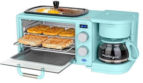 Nostalgia 3-in-1 Retro Breakfast Station - Includes 5 Cup Coffee Maker, Non-Stick Ceramic Griddle, and 4-Slice Toaster Oven - Built-In Timer, Reusable Coffee Filter, Space-Saving Design - Aqua