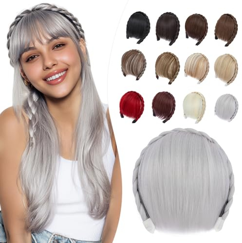 Elailite Clip In Pony Haarteil Silber-Grau Haar Extension Haarteile Bangs One Piece Fringe Haarband mit Pony 55g
