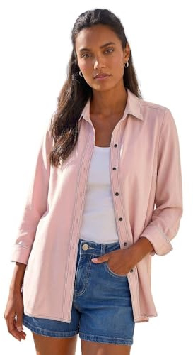 Roman Shirt for Women Ladies Cotton Blouse Button Through Tunic Printed Top Work Long Sleeve Smart Casual Going Out Work Office V Neck Everyday Evening Event - Plain Light Pink - Size 14