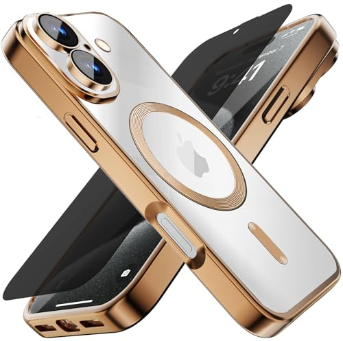 Misscase Magnetic for iPhone 17 Clear Case with Camera Lens Protector,with Privacy Screen Protector*1, Full Protection Shockproof Soft TPU Electroplated Colored Edges Protective Gold