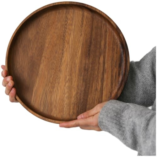 babominimer Bandeja redonda de madera de nogal americana con textura natural y acabado lacado a base de plantas, plato de madera apto para uso diario (D)