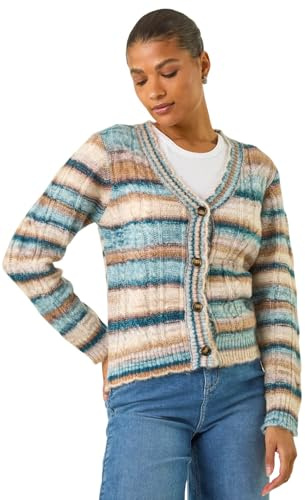 Roman Originals Stripe Buttoned Cable Knit Cardigan for Women UK - Ladies Everyday Autumn Winter V-Neckline Comfy Soft Evening Vacation Work Party Night Out