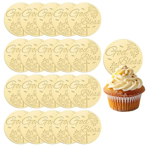 URROMA Runde Cupcake-Topper mit Aufschrift God Bless, für Babyparty, Weihnachten, Taufe, Kommunion, Taufe, Kirche, Feier, religiöse Dekoration, 20 Stück