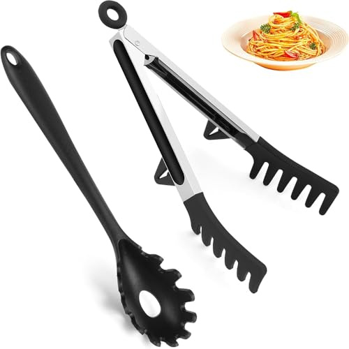 Silicone Spaghetti Spoon and Pasta Tong Set, Durable Pasta Spoon with Teeth for Cooking and Serving, Non-Stick Friendly Noodle Utensil Set (2 Pack)